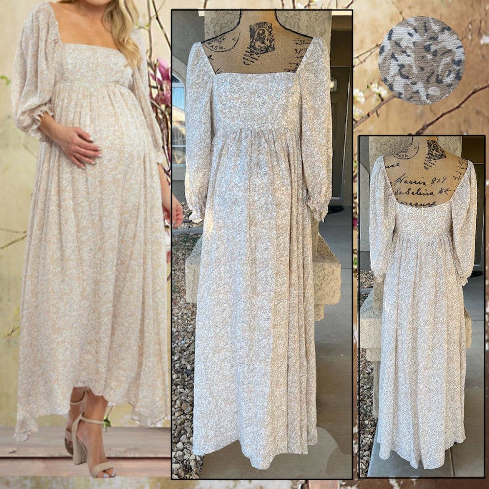 PinkBlush BY Storia Beige Square Neck Empire Maternity Maxi Dress Size M NWT